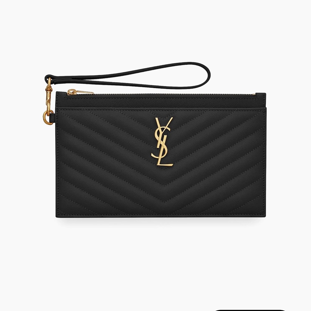 YSL SAINT LAURENT Monogram Wallet Clutch Pouch Grain De Poudre Nero